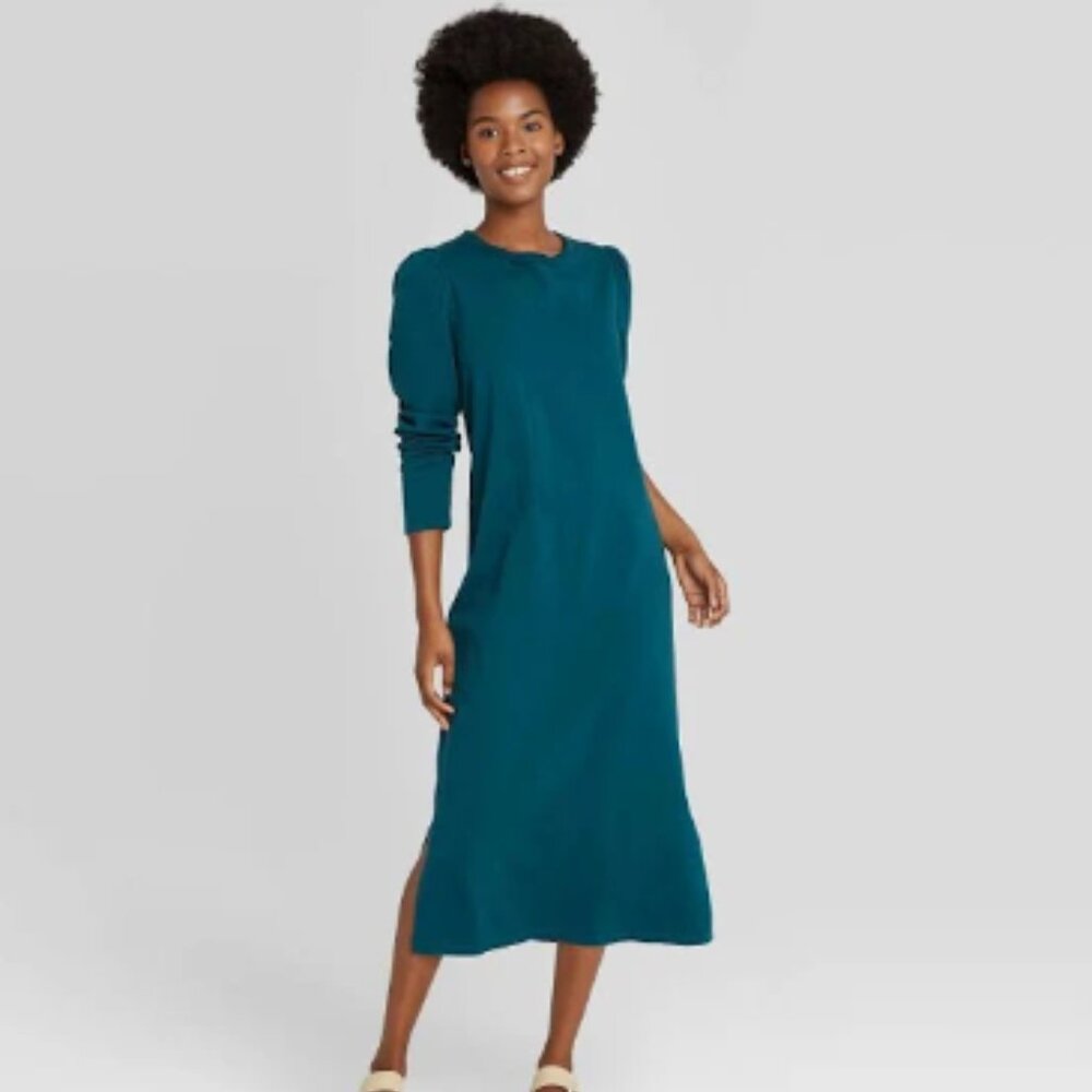Universal Thread Long Sleeve‎ Gathered Shoulder T Shirt Dress Midi Blue NWT XXL